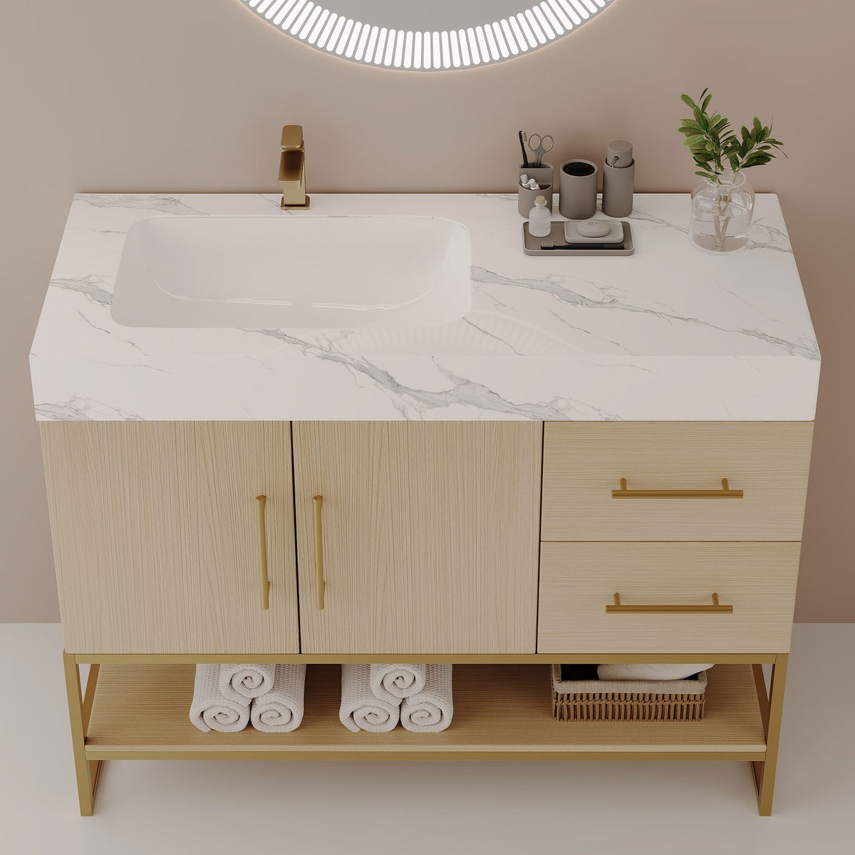 36-Inch Natural Oak Bath Vanity Left Side Undermount Sink High Angle Display