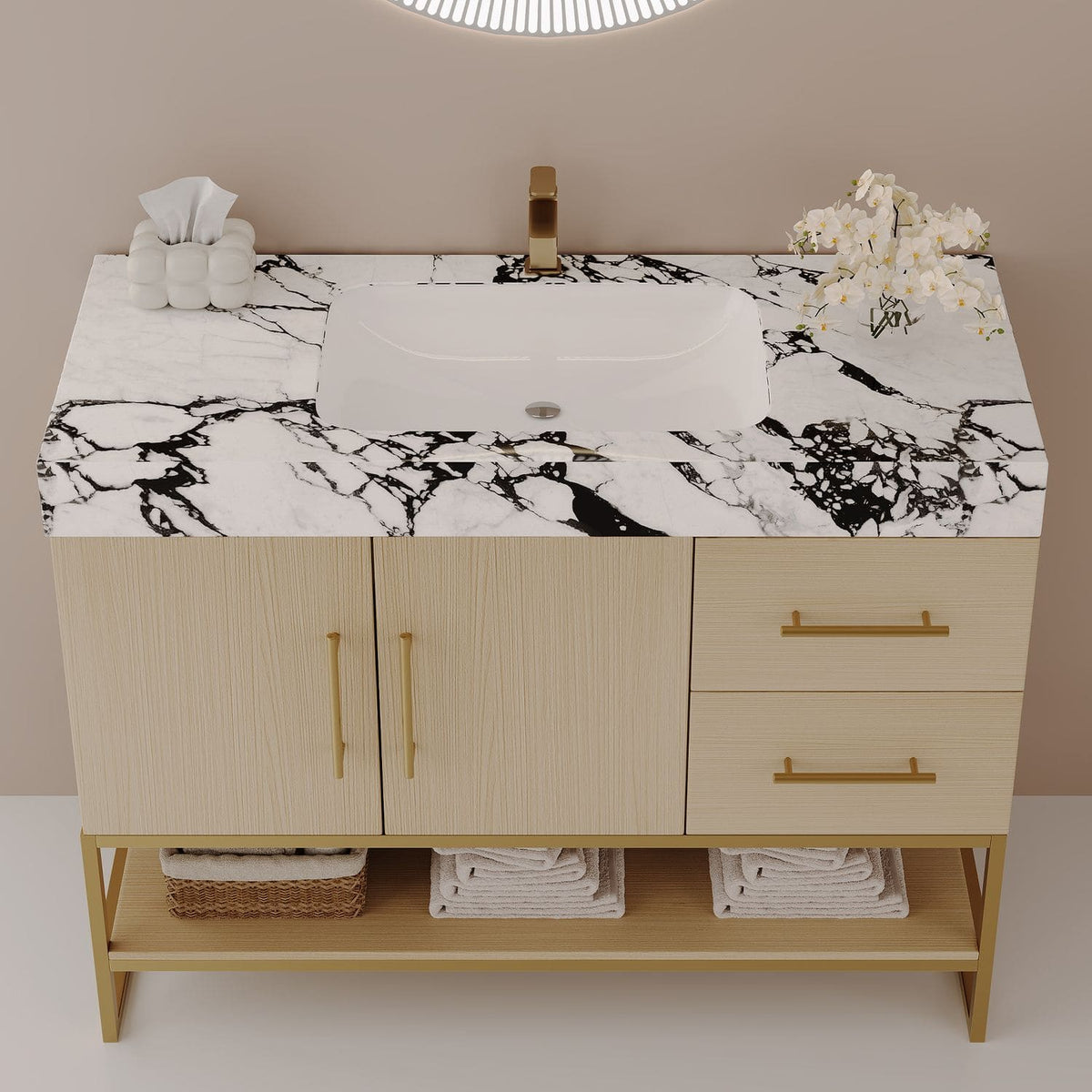 36-Inch Natural Oak Bath Vanity Rectangular Ceramic Sink Faux Marble Top High Angle View Gold Hardware