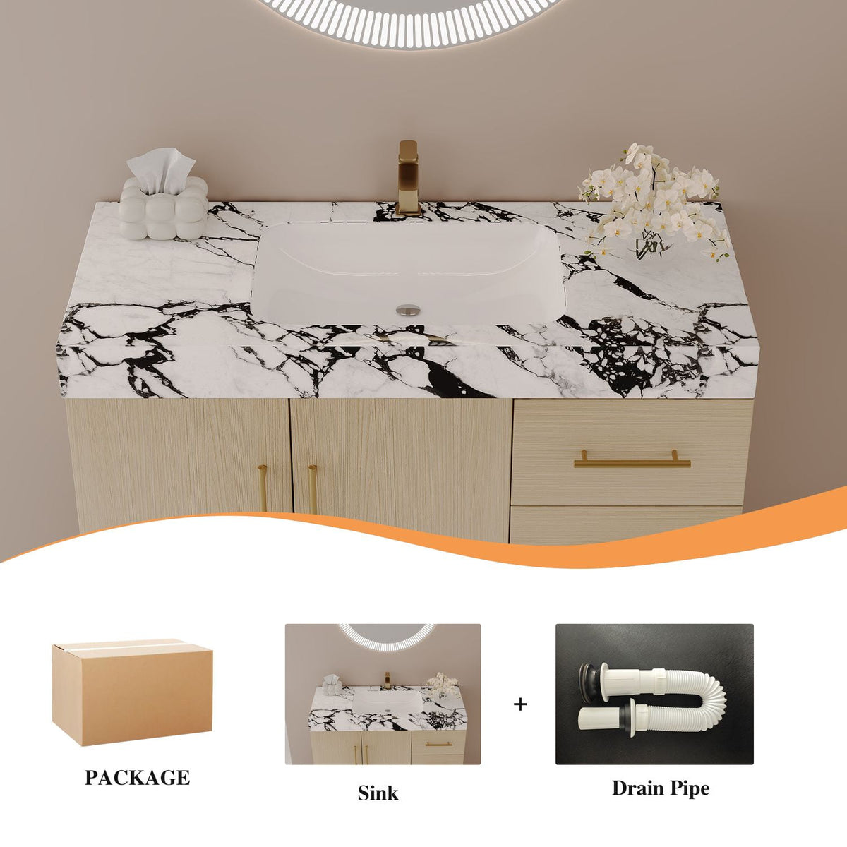 36-Inch Natural Oak Bathroom Vanity Packaging Includes Ceramic Sink Countertop and Drain Pipe