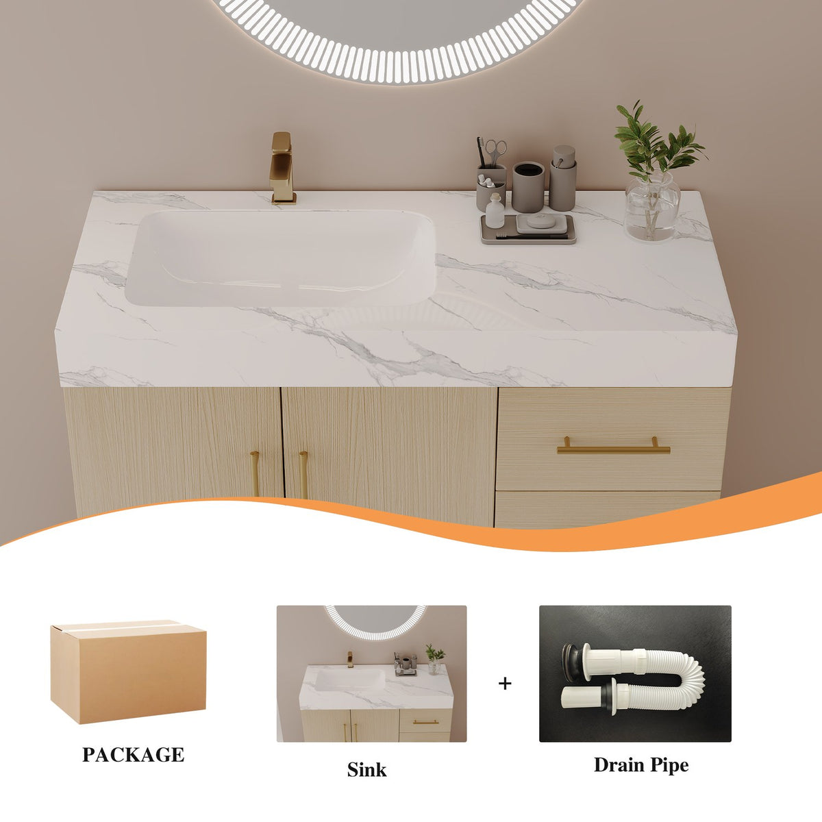 36-Inch Natural Oak Single Vanity Packaging Includes Left Offset Sink Top Drain Pipe
