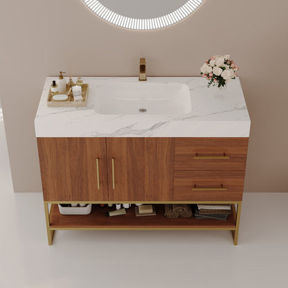 36-Inch Walnut Bath Vanity Seamless Ceramic Sink Sintered Stone Top High Angle Front View   