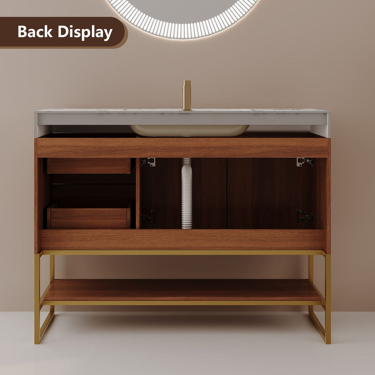 36-Inch Walnut Bathroom Vanity Back Display Cutout Plumbing Access Structure