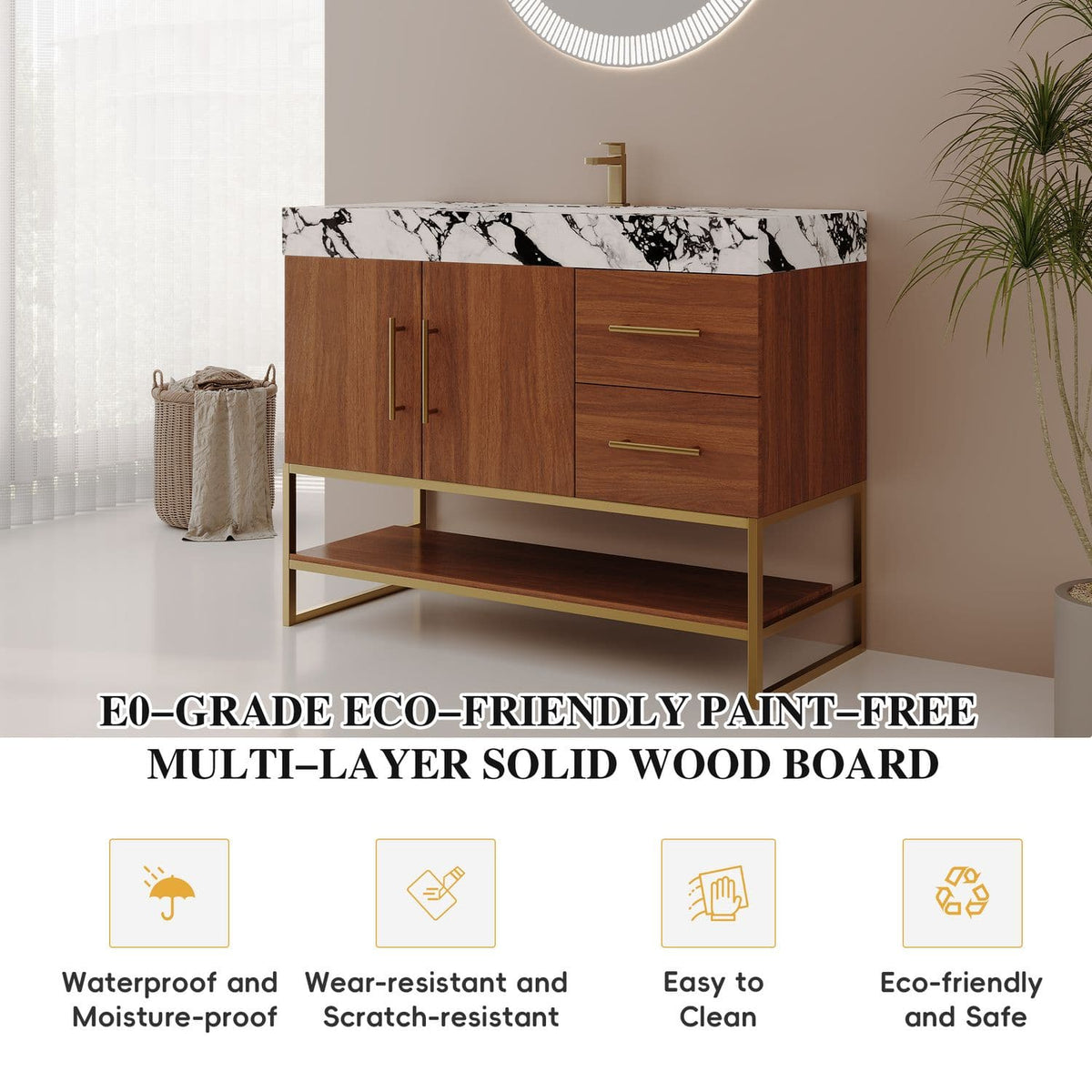 36-Inch Walnut Bathroom Vanity E0 Grade Eco Friendly Multi Layer Solid Wood Board Waterproof