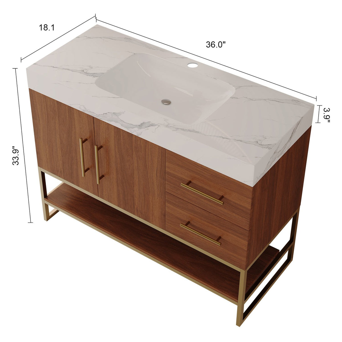 36-Inch Walnut Bathroom Vanity Sintered Stone Top Overall Dimensions Measurement Height Width Depth   