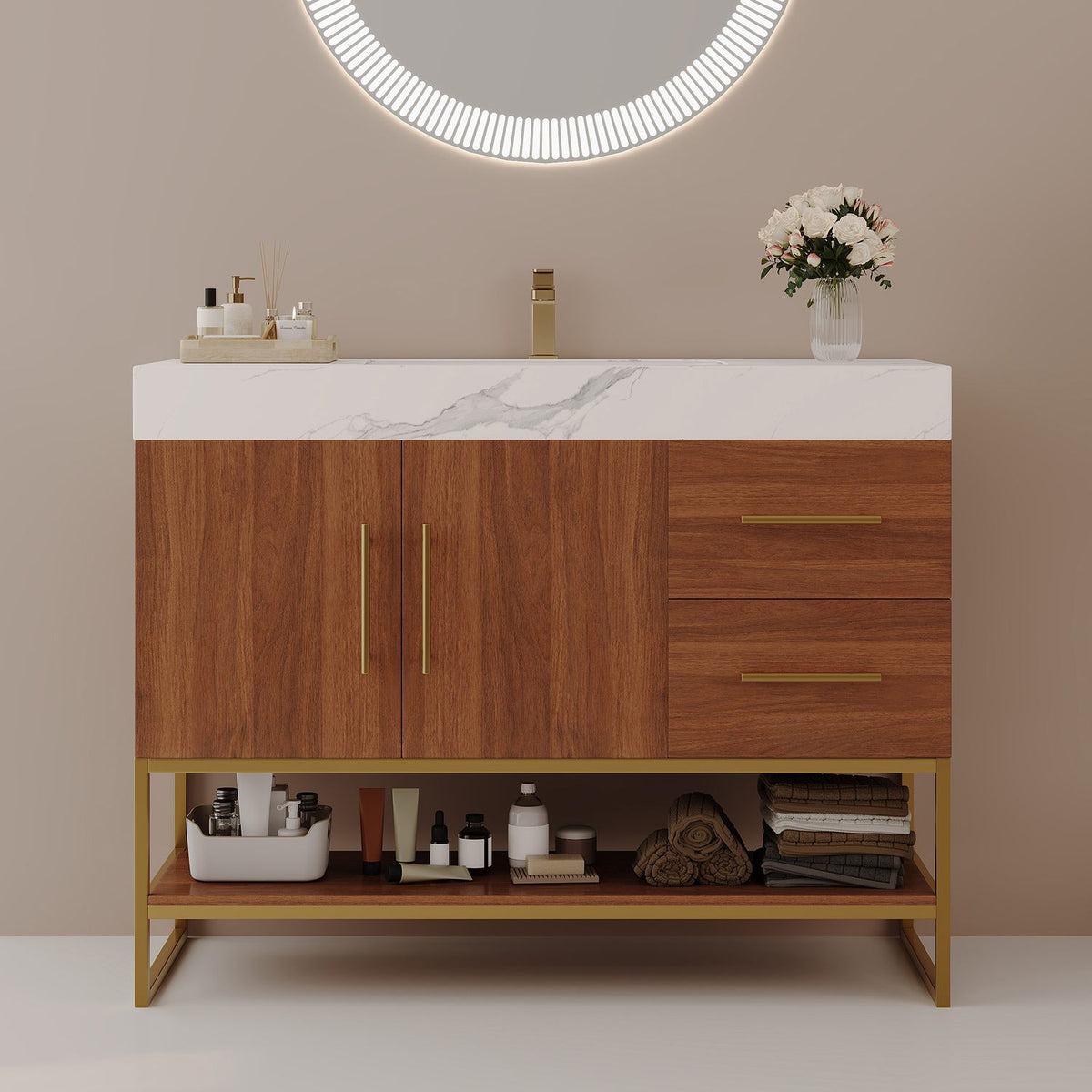 36-Inch Walnut Freestanding Bathroom Vanity Sintered Stone Top Open Storage Shelf Front View