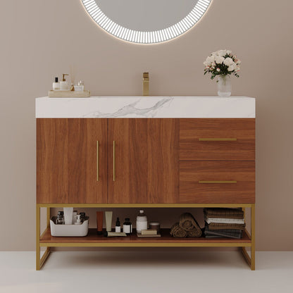 36-Inch Walnut Freestanding Bathroom Vanity Sintered Stone Top Open Storage Shelf Front View
