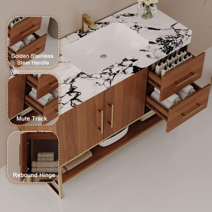 36-Inch Walnut Vanity Hardware Details Golden Stainless Steel Handle Mute Track Rebound Hinge