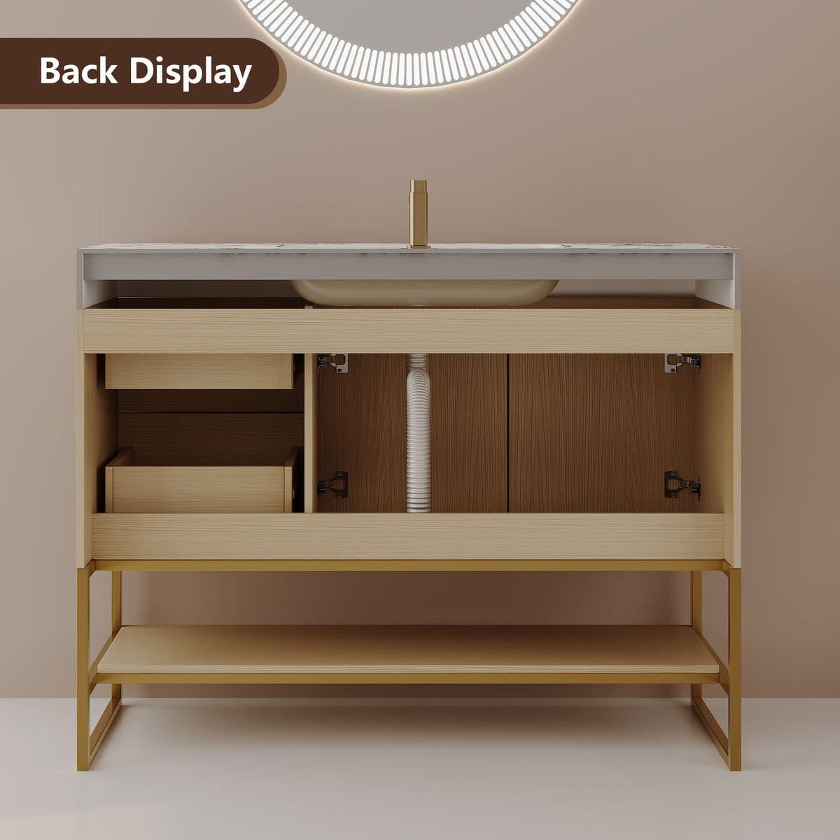 36-Inch White Oak Freestanding Bath Vanity Rear View Open Back Cutout Easy Plumbing Access
