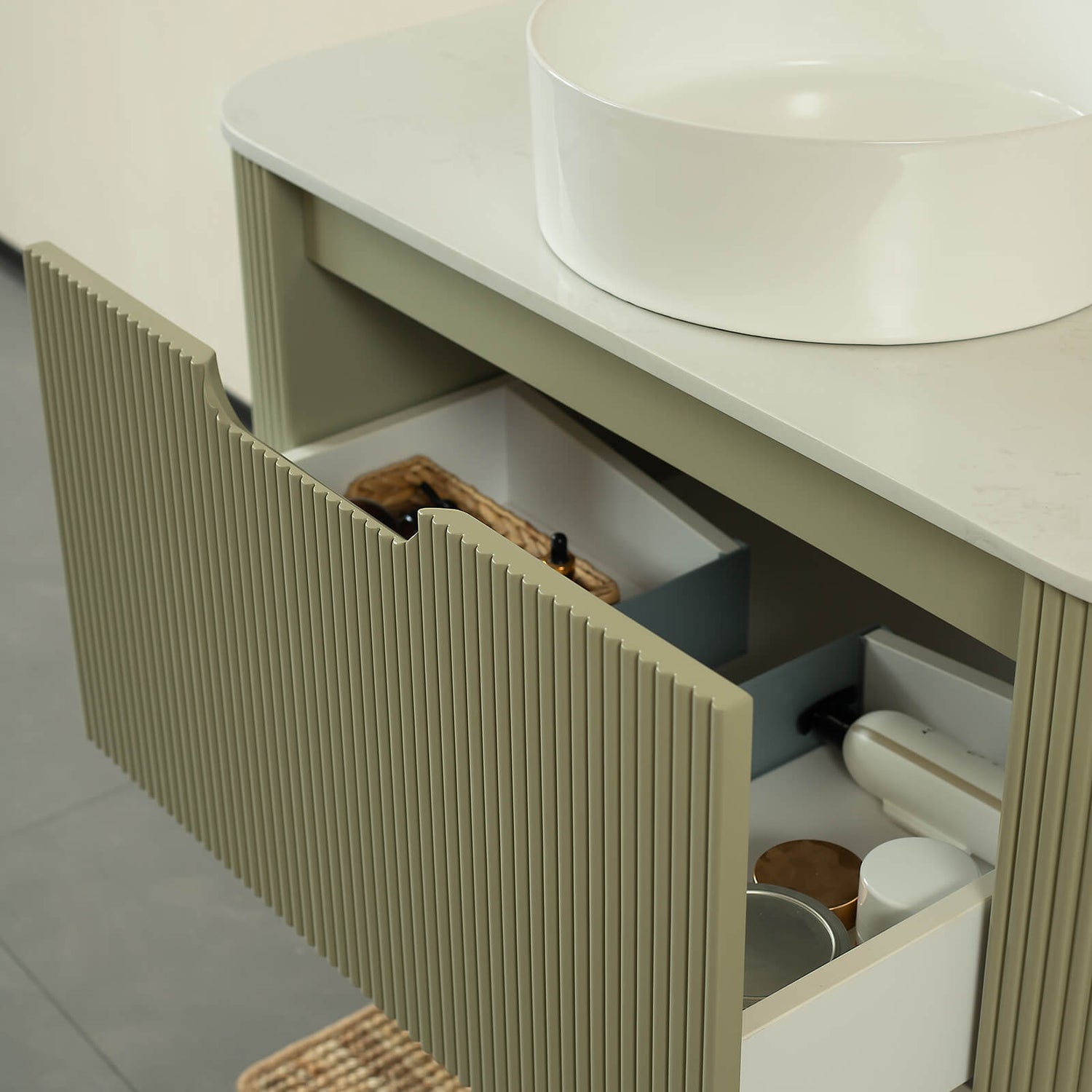 36 green bathroom vanity with U shaped drawers and waterproof coating in