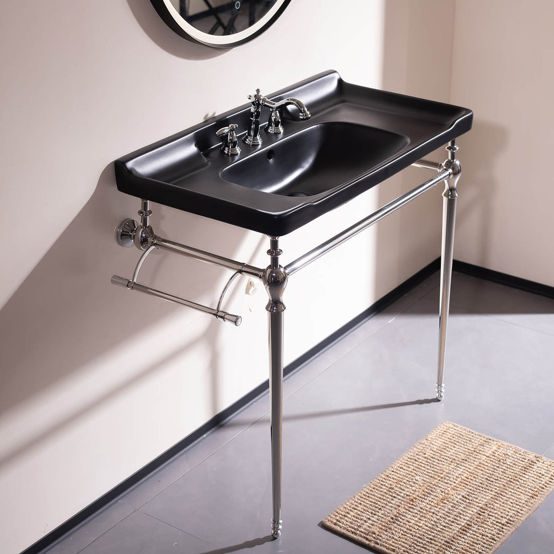 36 in Black Ceramic Console Sink with Chrome Legs