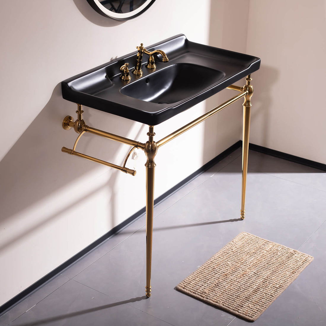 36 in Black Ceramic Console Sink with Gold Metal Legs