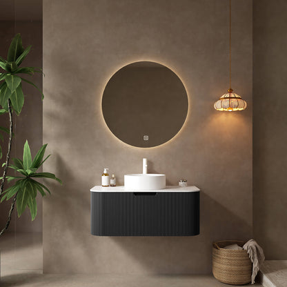 36 in Black Curved Edges Floating Vanity with Round Vessel Sink