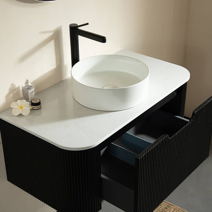 36 in Black Curved Edges Floating Vanity with Round Vessel Sink