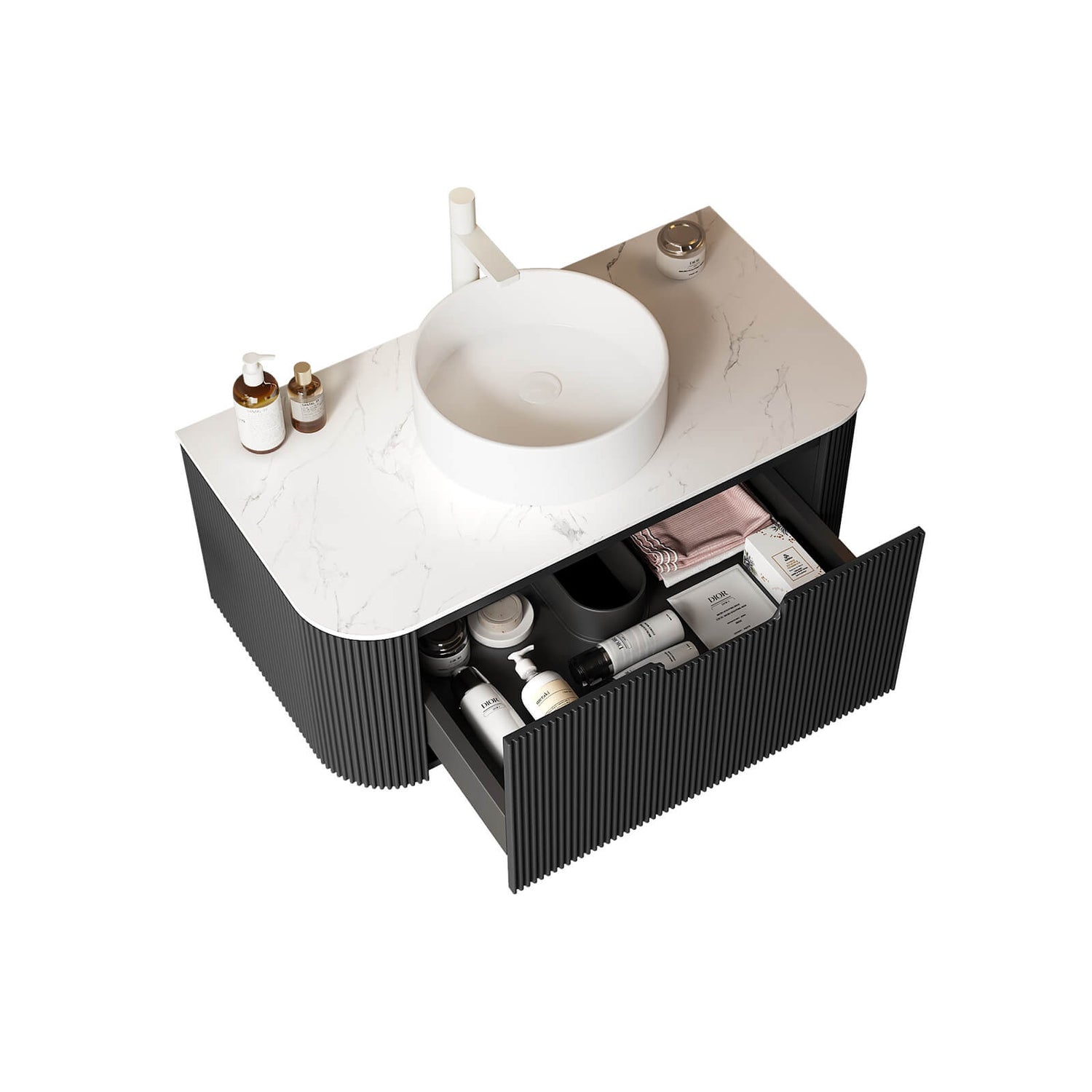 36 in Black Floating Vanity with Round Vessel Sink and Curved Edges