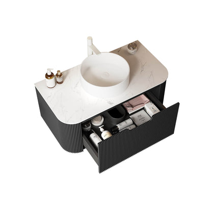 36 in Black Floating Vanity with Round Vessel Sink and Curved Edges