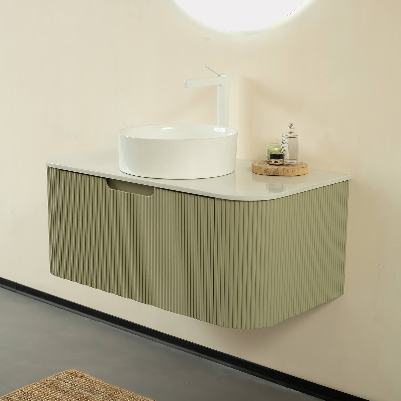36 in Green Curved Edges Floating Vanity with Round Vessel Sink