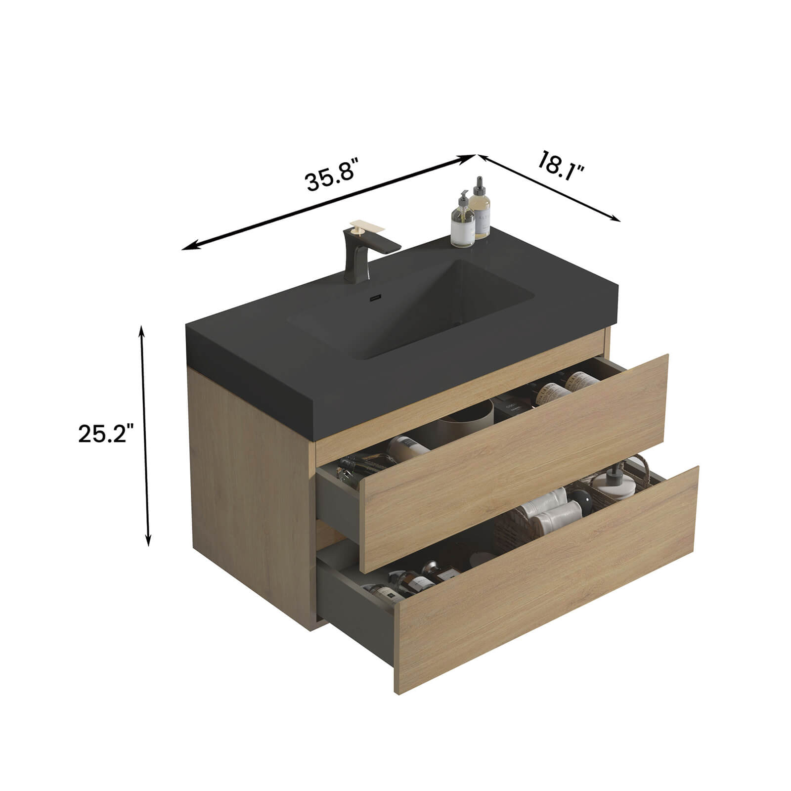36 in Oak Bathroom Vanity with Integrated Black Basin Dimensions