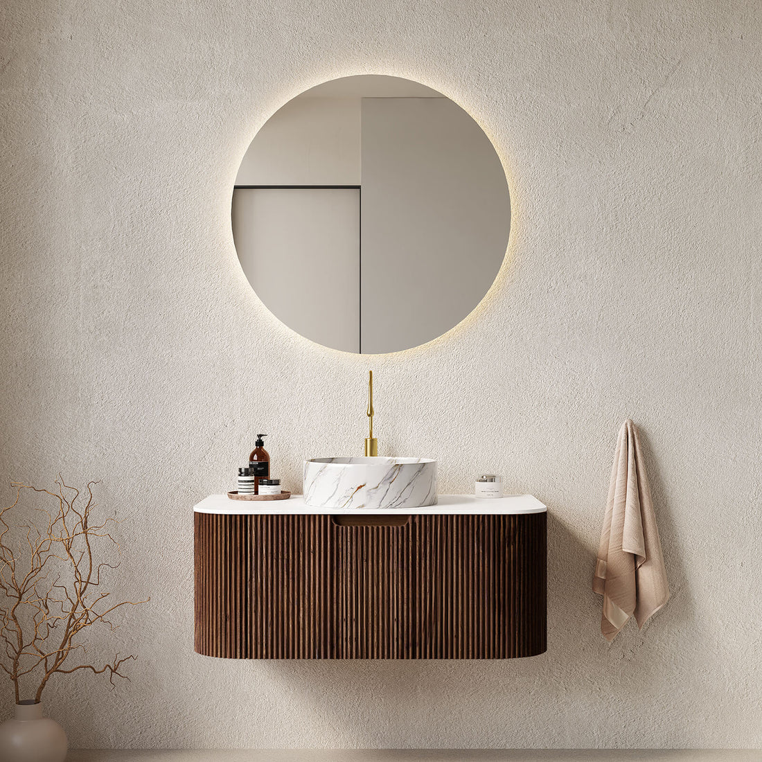 36 in Walnut Bathroom Vanity with Stone Veined Vessel Sink