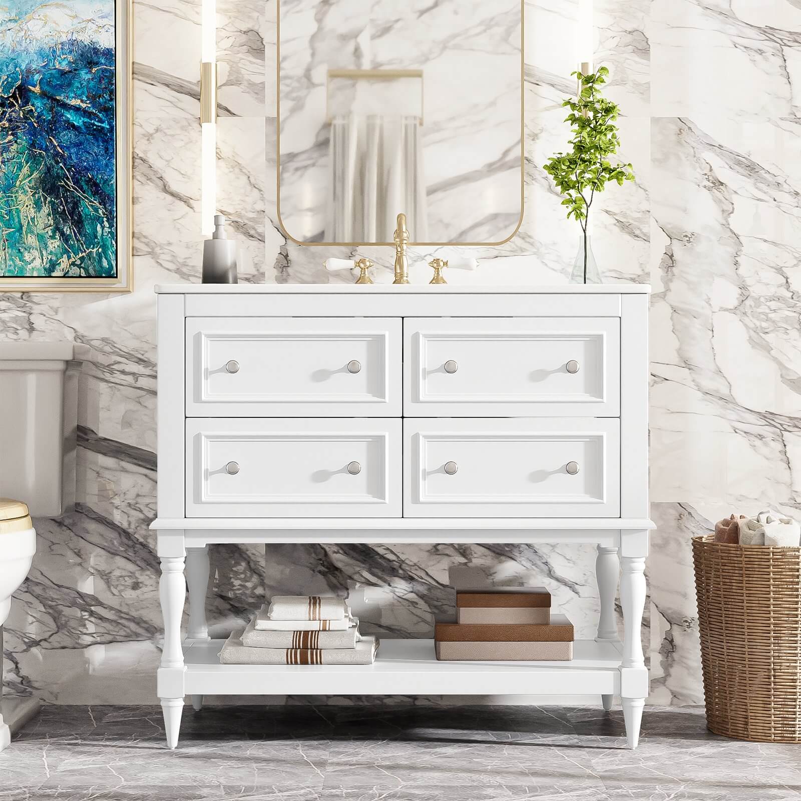 36&quot; White Bathroom Vanity with Open Bottom