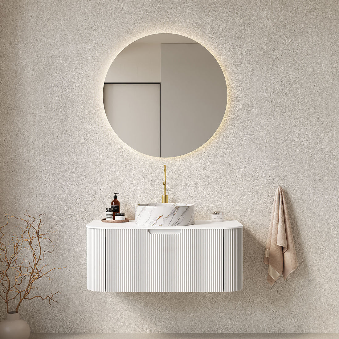 36 in White Bathroom Vanity with Stone Veined Vessel Sink