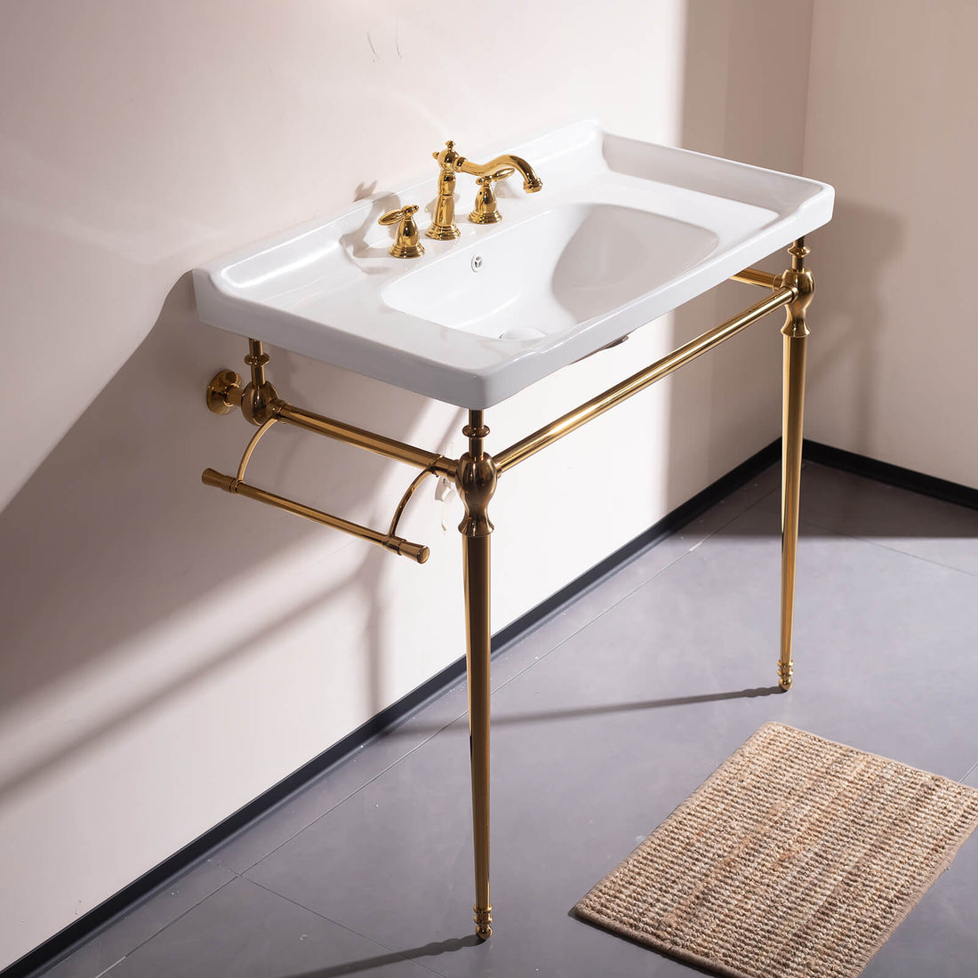 36 in White Ceramic Console Sink with Gold Metal Legs