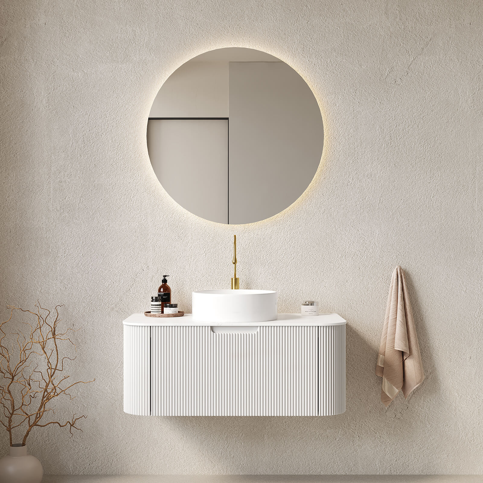 36 in White Curved Edges Floating Vanity with Round Vessel Sink