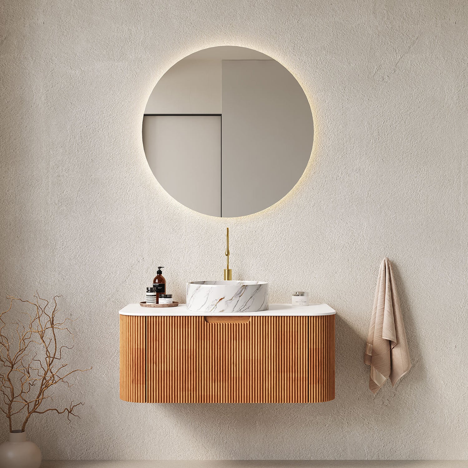 36 in White Oak Bathroom Vanity with Stone Veined Vessel Sink