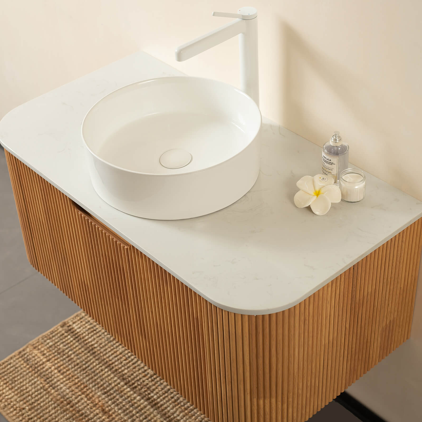 36 in White Oak Curved Edges Floating Vanity with Round Vessel Sink