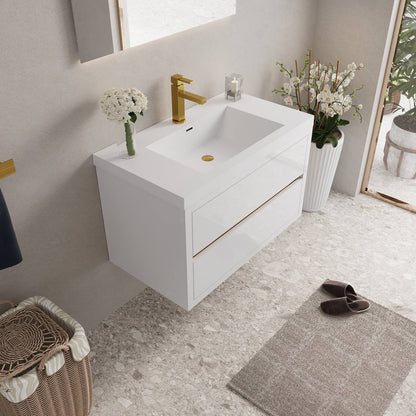 36 in single sink vanity with soft close drawers and gold details
