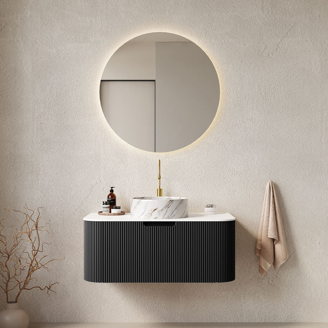 36 inch Black Bathroom Vanity with Stone Veined Vessel Sink