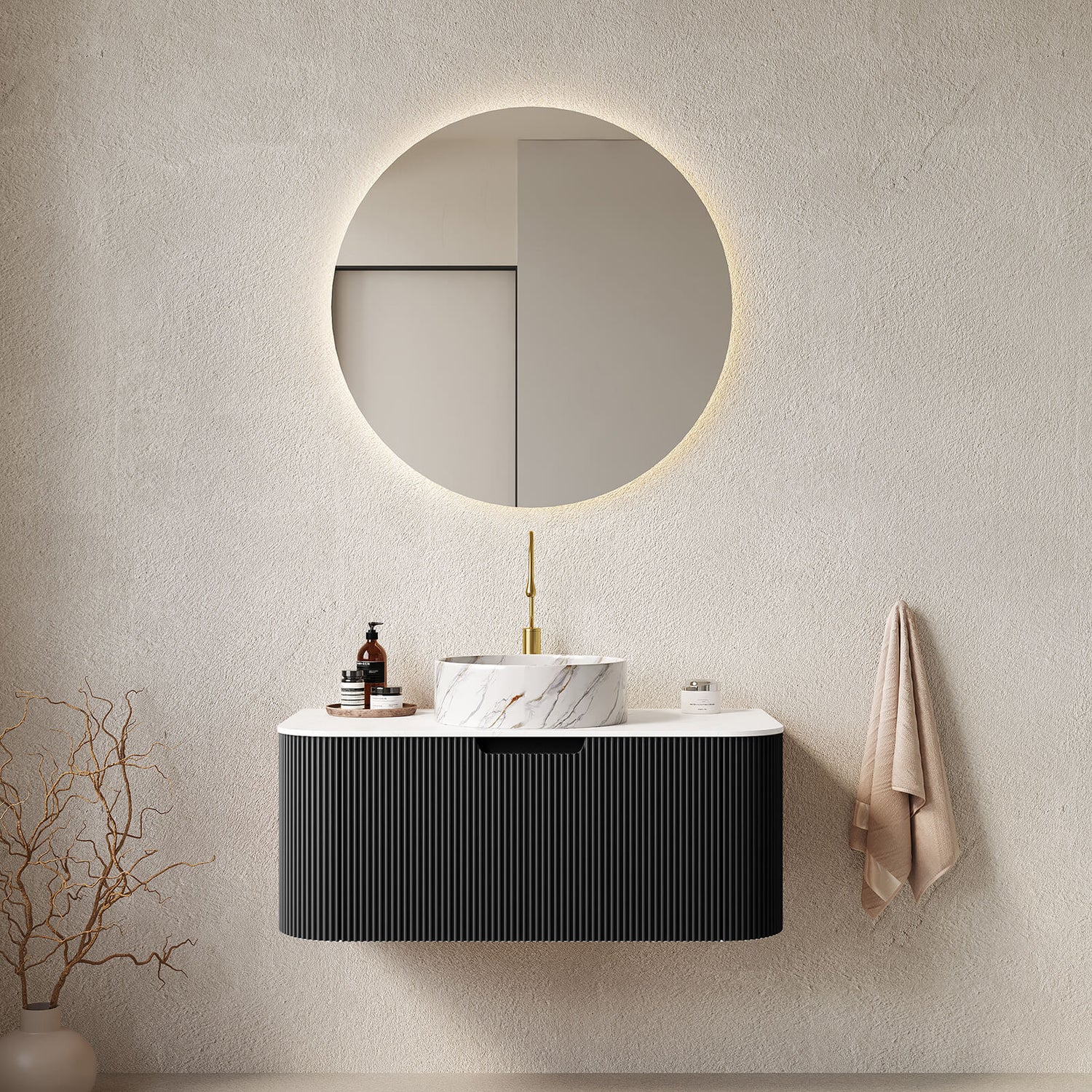 36 inch Black Bathroom Vanity with Stone Veined Vessel Sink