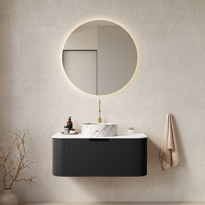 36 inch Black Bathroom Vanity with Stone Veined Vessel Sink