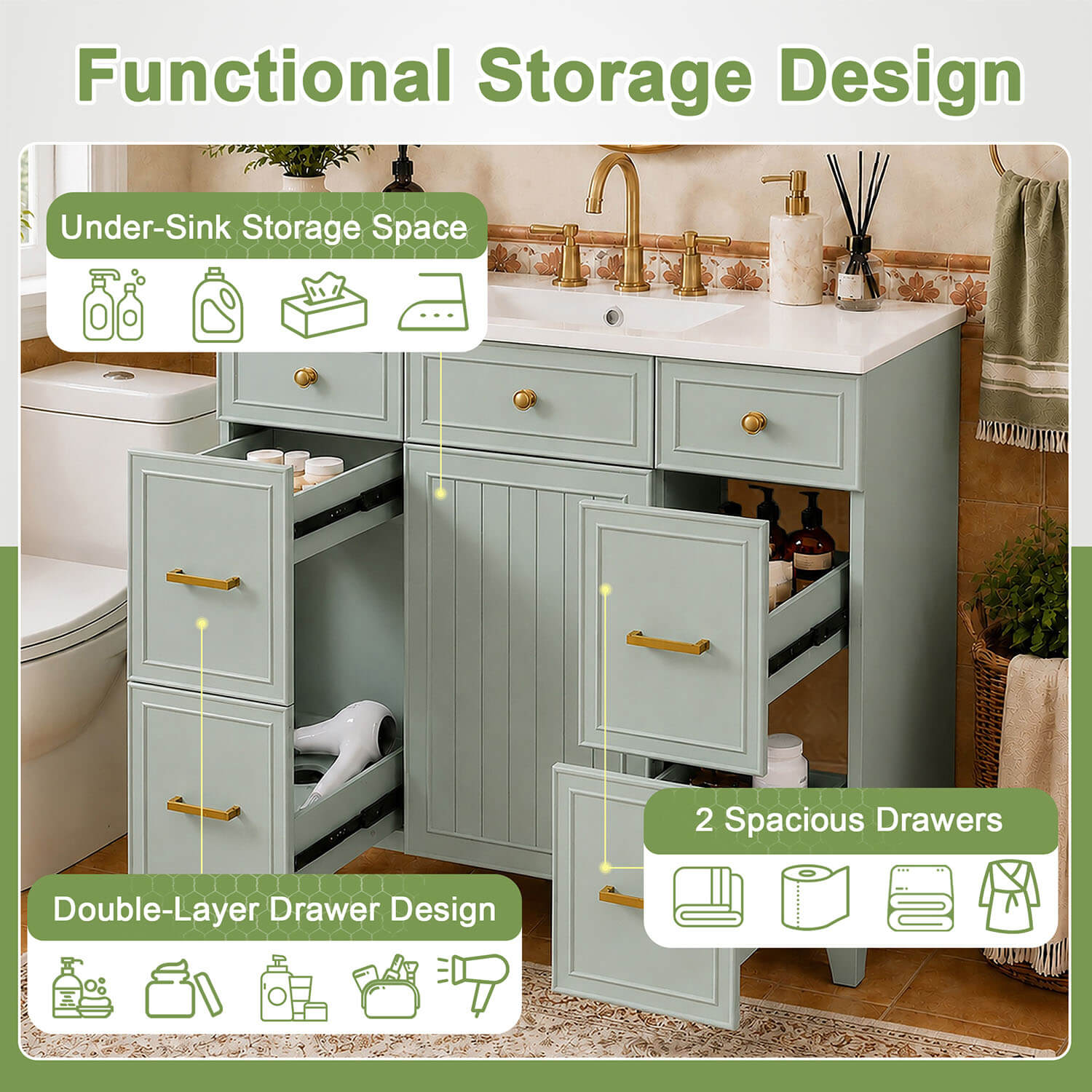 36 inch Green Bathroom Vanity Storage Description with Integrated ceramic Sink