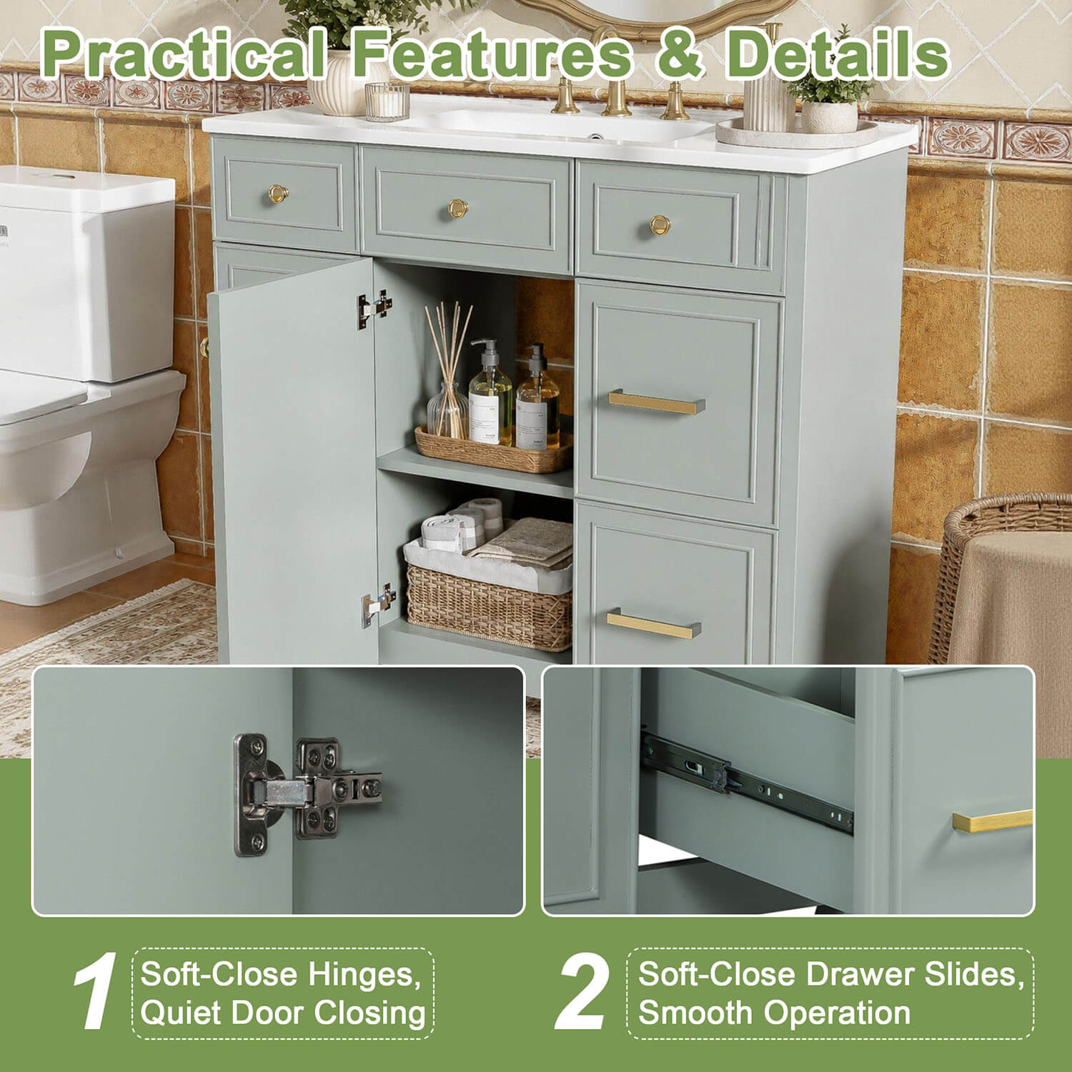 36 inch Green Bathroom Vanity with Integrated ceramic Sink Closed Door Detail