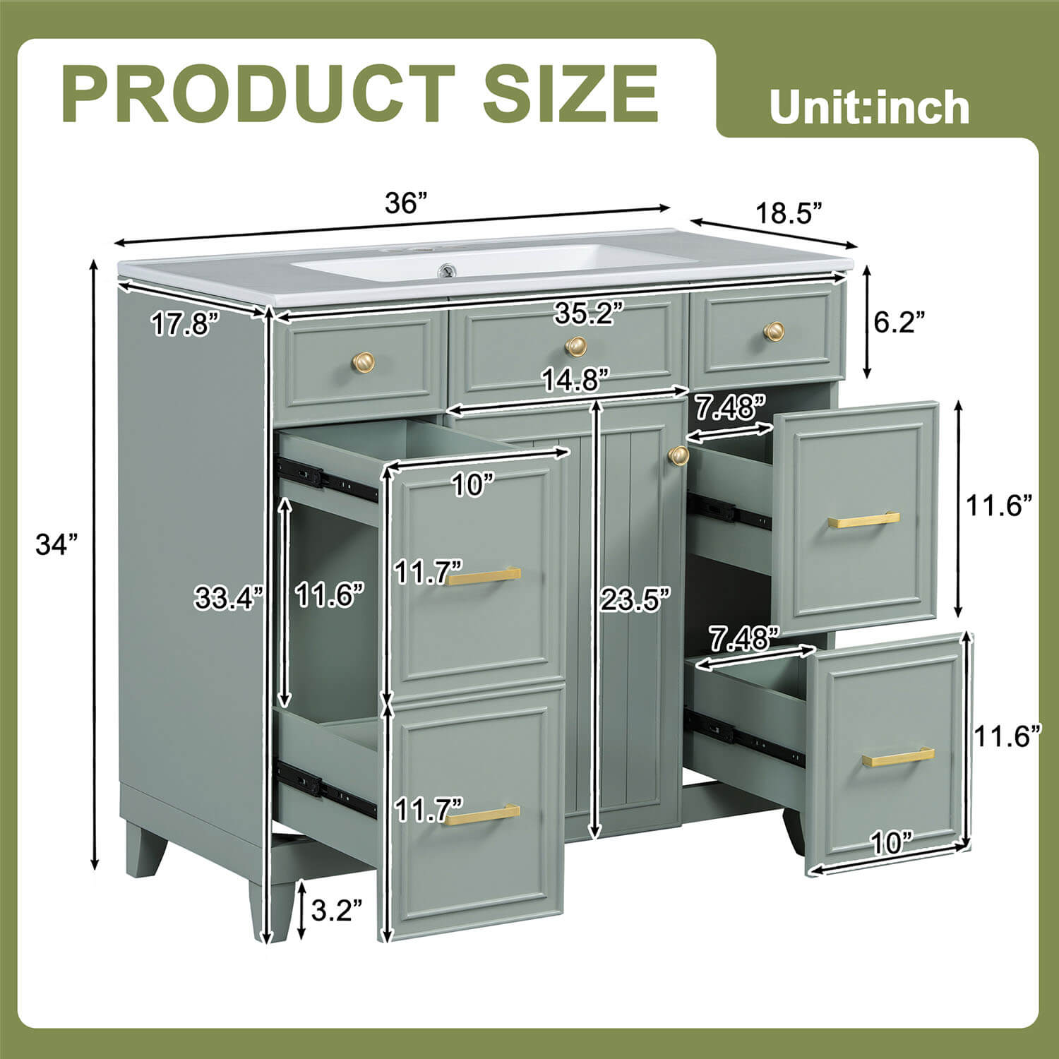 36 inch Green Bathroom Vanity with Integrated ceramic Sink Overall Dimensions Specifications