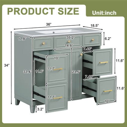 36 inch Green Bathroom Vanity with Integrated ceramic Sink Overall Dimensions Specifications