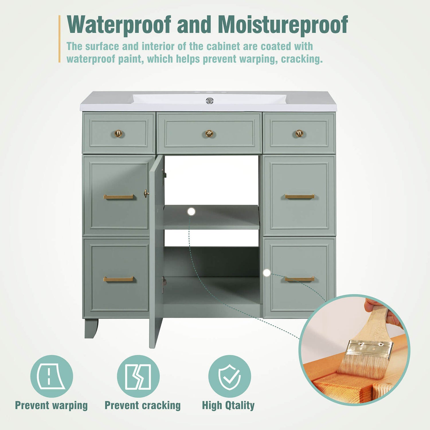 36 inch Green Bathroom Vanity with Integrated ceramic Sink Waterproofing Instructions