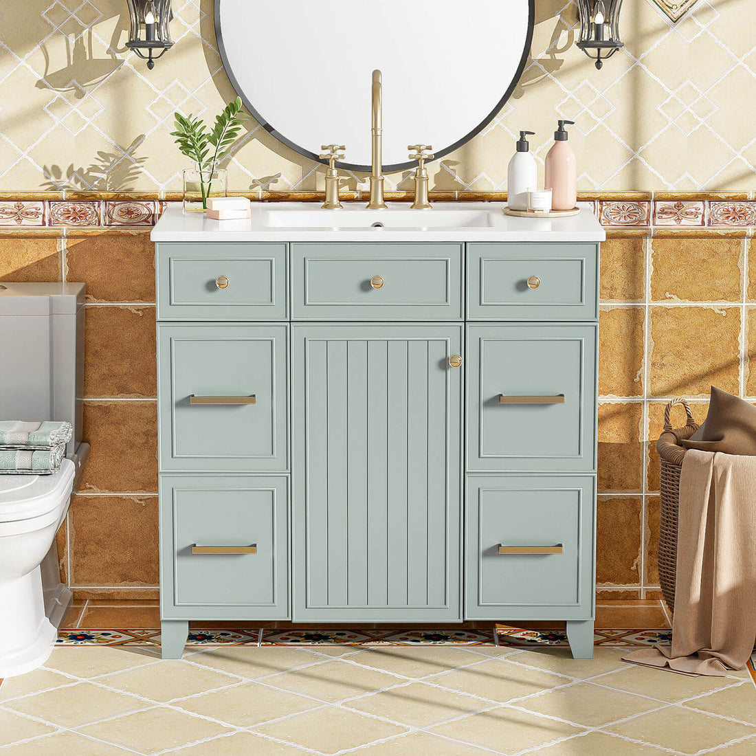 36 inch Green Bathroom Vanity with Integrated ceramic Sink