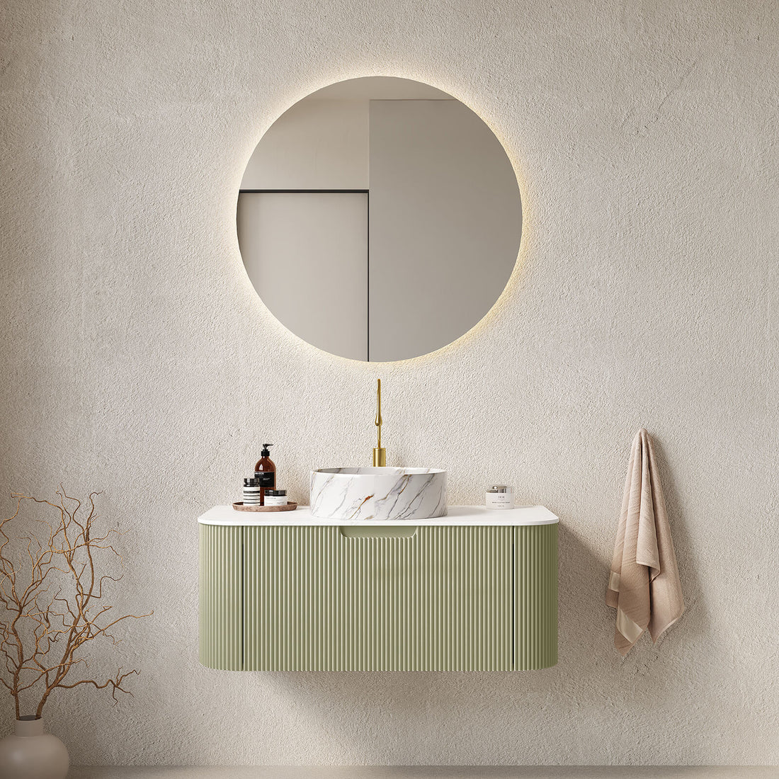 36 inch Green Bathroom Vanity with Stone Veined Vessel Sink