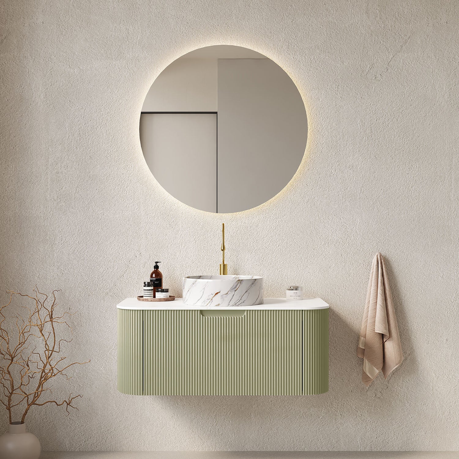 36 inch Green Bathroom Vanity with Stone Veined Vessel Sink