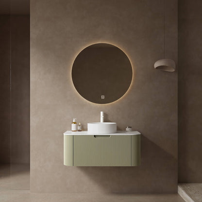 36 inch Green Curved Edges Floating Vanity with Round Vessel Sink