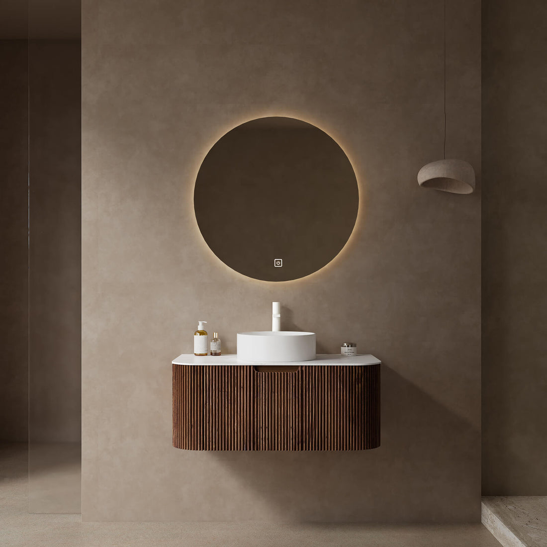 36 inch Walnut Curved Edges Floating Vanity with Round Vessel Sink
