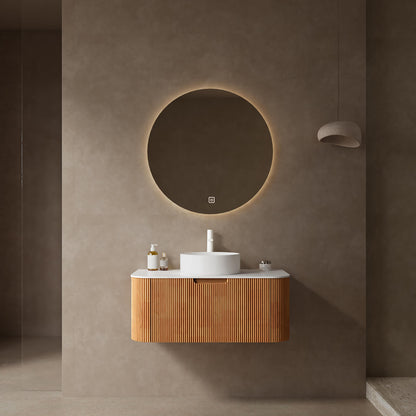 36 inch White Oak Curved Edges Floating Vanity with Round Vessel Sink