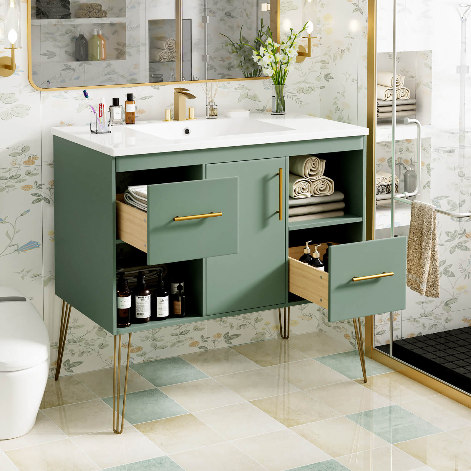 36 inch bathroom vanity with gold metal legs and green cabinet