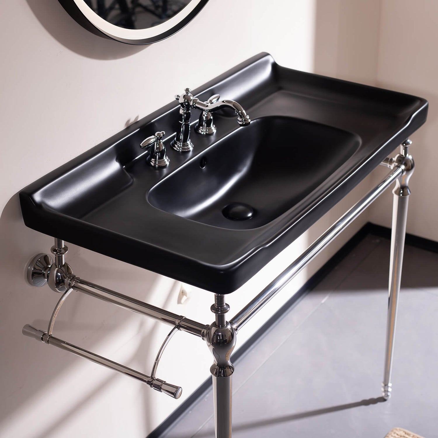 36 inch black ceramic console bathroom sink with chrome legs   modern minimalist design