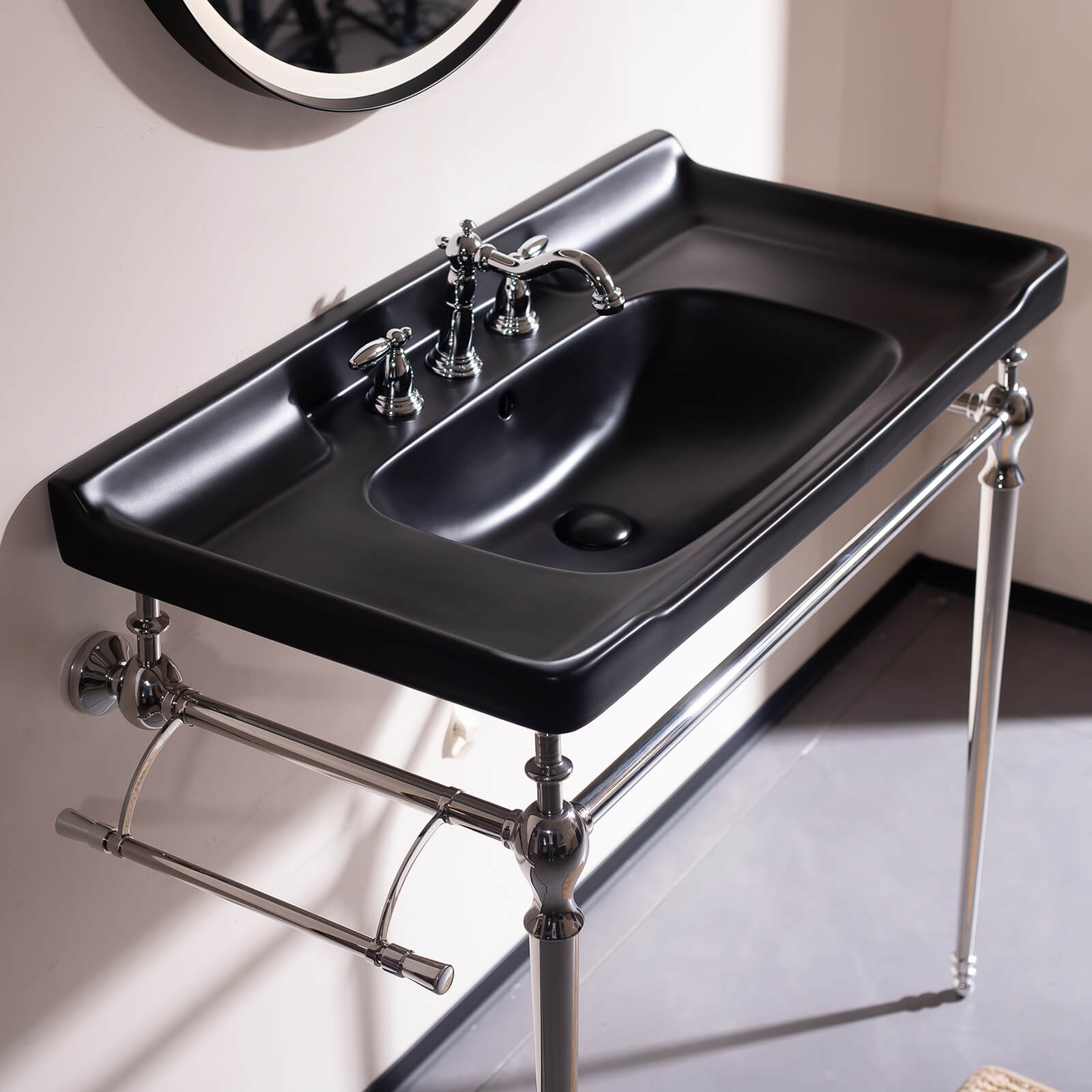 36 inch black ceramic console bathroom sink with chrome legs   modern minimalist design