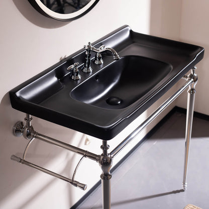 36 inch black ceramic console bathroom sink with chrome legs   modern minimalist design