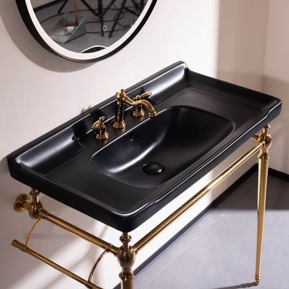 36 inch black ceramic console bathroom sink with gold metal legs   modern industrial vanity design