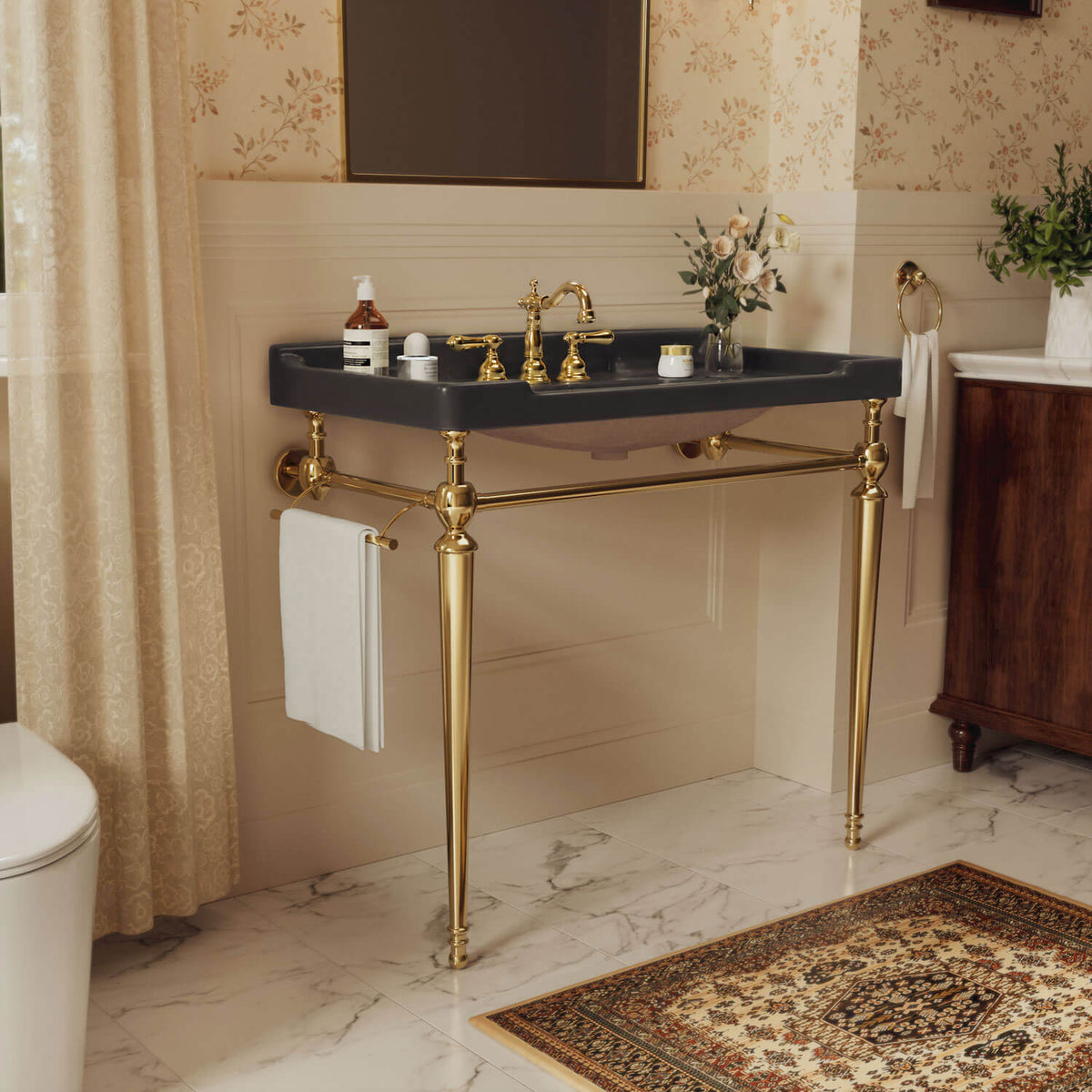 36 inch black ceramic console sink gold legs angled side view with towel rack