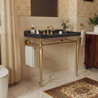 36 inch black ceramic console sink gold legs angled side view with towel rack